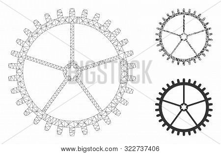 Mesh Tooth Wheel Model With Triangle Mosaic Icon. Wire Frame Triangular Mesh Of Tooth Wheel. Vector 