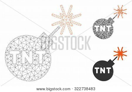Mesh Tnt Bomb Model With Triangle Mosaic Icon. Wire Frame Triangular Mesh Of Tnt Bomb. Vector Mosaic