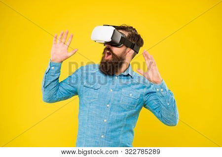 The Game Is On. Hipster Play Video Game. Bearded Man Explore Vr Yellow Background. Game Developer Or