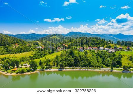 Beautiful Town Of Fuzine On Lake Bajer, Gorski Kotar Region, Croatia, Aerial View From Drone
