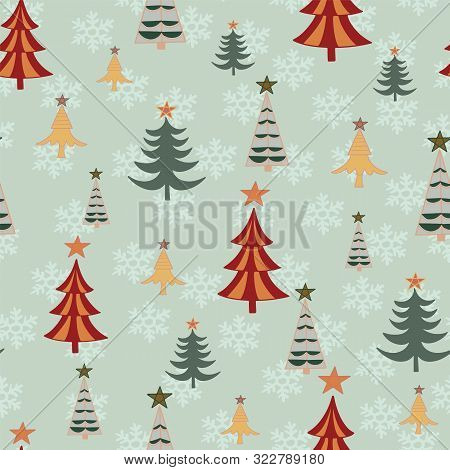 Vector Christmas Tree Seamless Pattern On Mint Green Background