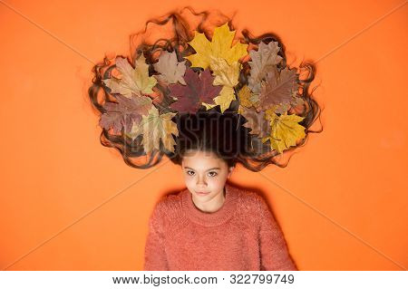 Haircare Tips Add To Fall Routine. Little Girl Gorgeous Long Hair And Fallen Maple Leaves. Deep Cond