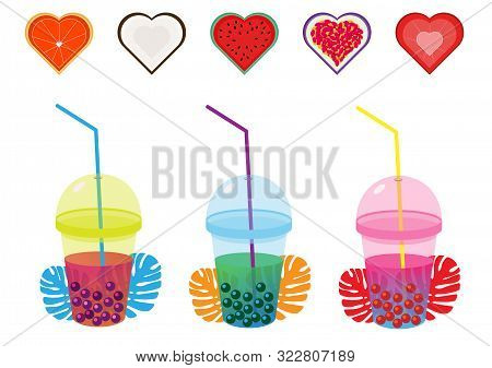 Set Of Milk Tea With Tapioca Balls In A Flat Style With Fruit Hearts. Tapioca In A Plastic Transpare