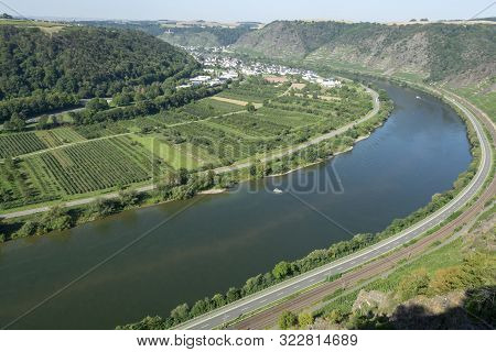 Top View On Mosel River Valley And Green Terraced Vineyards, Germany, Production Of Quality White An