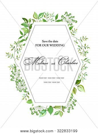 Wedding Invitation With Green Leaves Green Branch Grass Field, Decorative Frame Pattern. Floral Invi