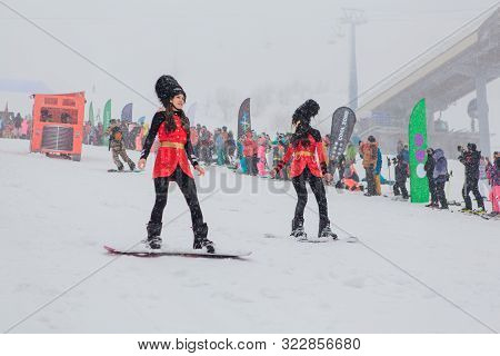 Sheregesh, Kemerovo Region, Russia - April 06, 2019: Young People In English Royal Guardsmen Costume