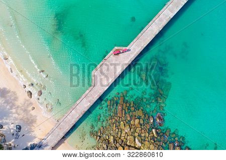 Aerial View Serenity Exotic Sea Shore White Sand Beach Green Palm Tree