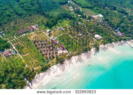 Aerial View Serenity Exotic Sea Shore White Sand Beach Green Palm Tree