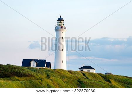 Amazing morning view of Hirtshals lighthouse in Denmark. Landscape photography