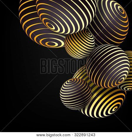 3d Vector Abstract Design Background. Golden Black Sheres Banner. Vector Illustration Of Balls Textu