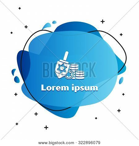 White Hanukkah Dreidel And Coin Icon Isolated On White Background. Abstract Banner With Liquid Shape