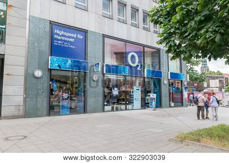 Hanover, Germany - June 8, 2019: O2 Germany Storefront With Logo O2 Logo. O2 Is Provider Of Broadban