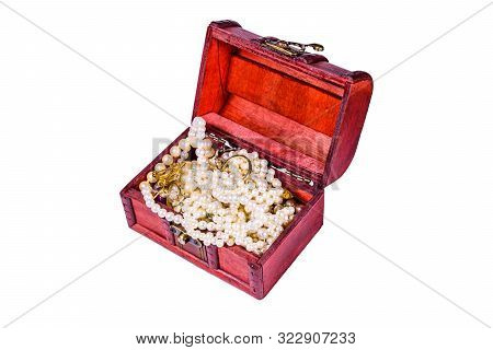 Old Box Of Red Wood Full Of Jewelry Isolated On Ehite Background. Treasure Chest