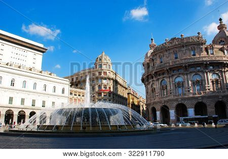 Genoa / Italy - October 22, 2011: De Ferrari Square With Fountain, Piazza De Ferrari, In Genoa, Ital