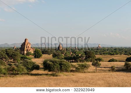 Horizontal Picture Of Archeological Park Of Bagan With Ancient Buddhist Temples In Myanmar