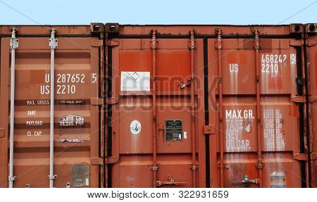 Umea, Sweden - August 26, 2019: Red Cargo Containers In A Row