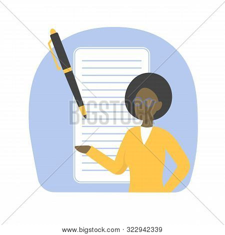 A Woman Fills Out A Resume For Employment. Flat Vector Design Concept Illustration For Business.