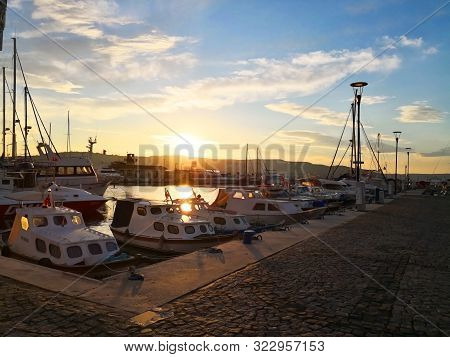 The Harbor In Cannakale, Turkey-march 31, 2018: Many Speedboats And Yachts Are Neatly  Moored In The