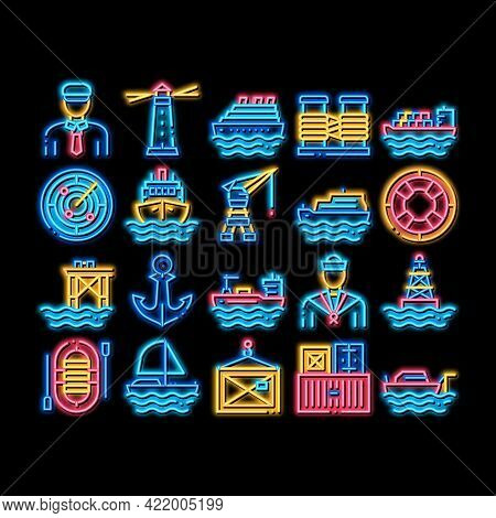Marine Port Transport Neon Light Sign Vector. Glowing Bright Icon Port Dock And Harbor, Lighthouse A