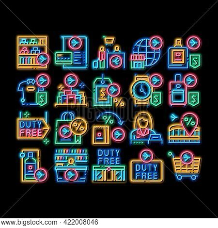 Duty Free Shop Store Neon Light Sign Vector. Glowing Bright Icon Duty Free Nameplate And Product, Ba