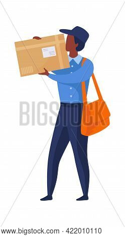 Postman Shipping Parcel. Express Delivery Concept. Post Office Worker Carries Box. Courier Holding L