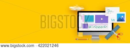 Workplace Of Sound And Video Editor Interface Software Application On Computer Monitor. Recording An