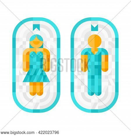 Colorful Icons Of Woman And Man For Restroom, Toilet, Washroom, Lavatory, Closet, Wc, Bathroom. Male