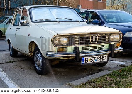 Bucharest, Romania, 3 March 2021 Old Retro White Romanian Dacia 1300 Classic Car Parked In A Street 