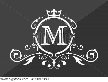 Stylized Letter M Of The Latin Alphabet. Monogram Template With Ornament And Crown For Design Of Ial