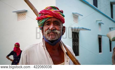 15 May 2021- Reengus, Sikar, India. Unidentified Rajasthani Old Man With His Walrus Moustache.