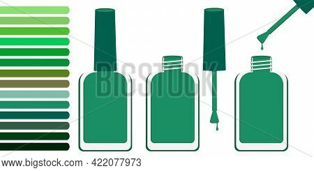 Palette With Shades Of Green. And Three Bottles Of Blue Lacquer Open And Closed