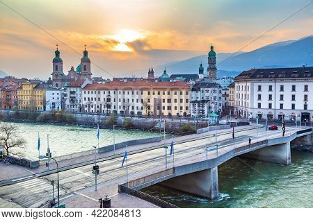 Innsbruck, Austria - 11 April 2015 - View Of Morning Sunrise Over The Famous Old Town Of Innsbruck, 