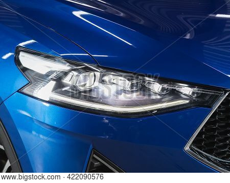 Novosibirsk, Russia - May 29, 2021: Haval F7, Glowing Headlight Of A Modern Car Close-up