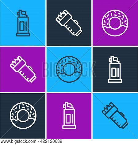 Set Line Pepper Spray, Donut And Police Electric Shocker Icon. Vector