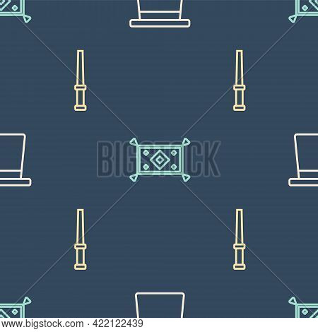 Set Line Magic Hat, Wand And Carpet On Seamless Pattern. Vector