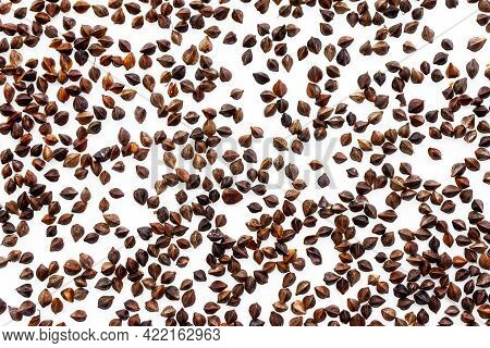 A Background Of Unpeeled Whole Buckwheat Seeds Placed On A White Background At A Short Distance From