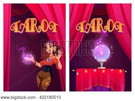 Tarot Posters With Gypsy Fortune Teller And Magic Ball. Future Predict, Soothsayer Ritual. Vector Fl