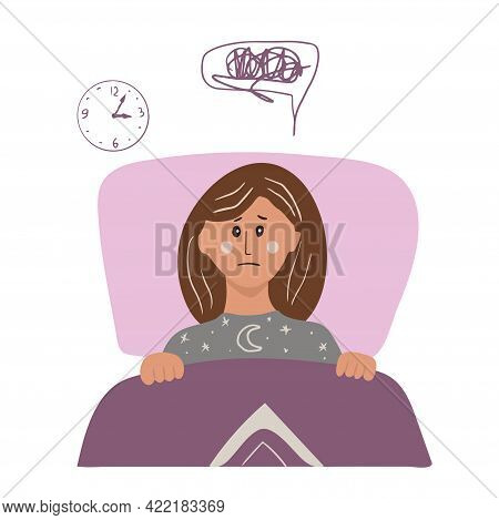Woman Have Insomnia. A Woman Lies In Bed And Thoughts Do Not Let Her Sleep. Vector Cartoon Hand Draw
