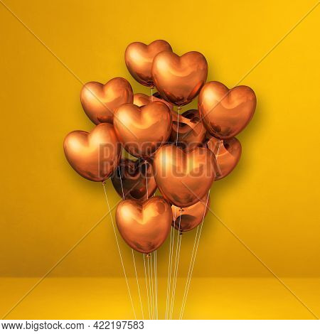 Copper Heart Shape Balloons Bunch On A Yellow Wall Background. 3d Illustration Render