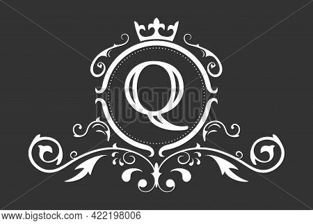 Stylized Letter Q Of The Latin Alphabet. Monogram Template With Ornament And Crown For Design Of Ial