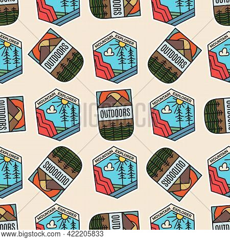 Camping Adventure Seamless Pattern With Outdoor Explorer Stickers And Mountain Explorer Symbols Icon