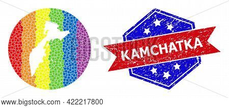 Dot Rainbow Gradiented Map Of Kamchatka Peninsula Mosaic Created With Circle And Stencil, And Distre