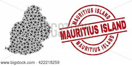 Mauritius Island Rubber Stamp, And Mauritius Island Map Collage Of Airplane Elements. Collage Maurit