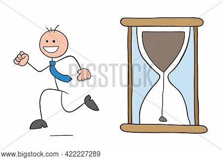 The Hourglass Has Started And Stickman Businessman Character Is Running And Happy, Vector Cartoon Il