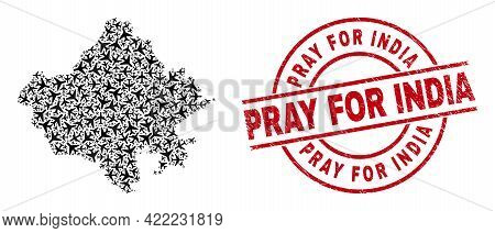 Pray For India Grunged Seal Stamp, And Rajasthan State Map Mosaic Of Airliner Items. Mosaic Rajastha