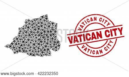 Vatican City Scratched Badge, And Vatican Map Mosaic Of Air Plane Elements. Mosaic Vatican Map Const