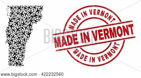 Made In Vermont Scratched Seal Stamp, And Vermont State Map Collage Of Air Plane Elements. Mosaic Ve