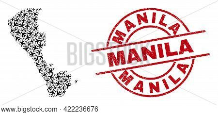 Manila Scratched Seal Stamp, And Boracay Island Map Mosaic Of Air Plane Elements. Collage Boracay Is