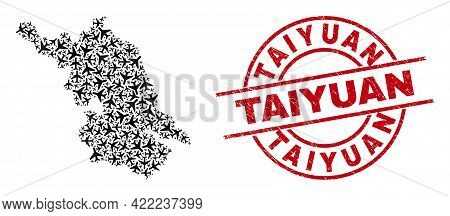 Taiyuan Grunged Seal Stamp, And Jiangsu Province Map Mosaic Of Airplane Elements. Mosaic Jiangsu Pro