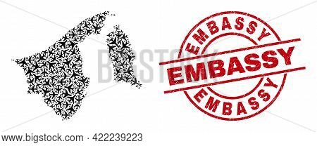 Embassy Scratched Seal, And Brunei Map Collage Of Aviation Items. Mosaic Brunei Map Created Of Aviat